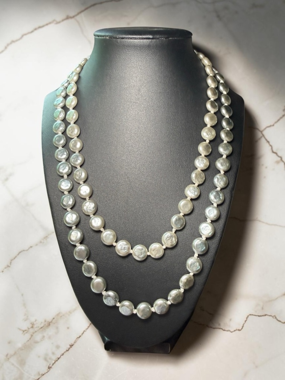 Silver Gray Coin Pearl Double Strand Necklace Hammered Toggle Clasp Statement